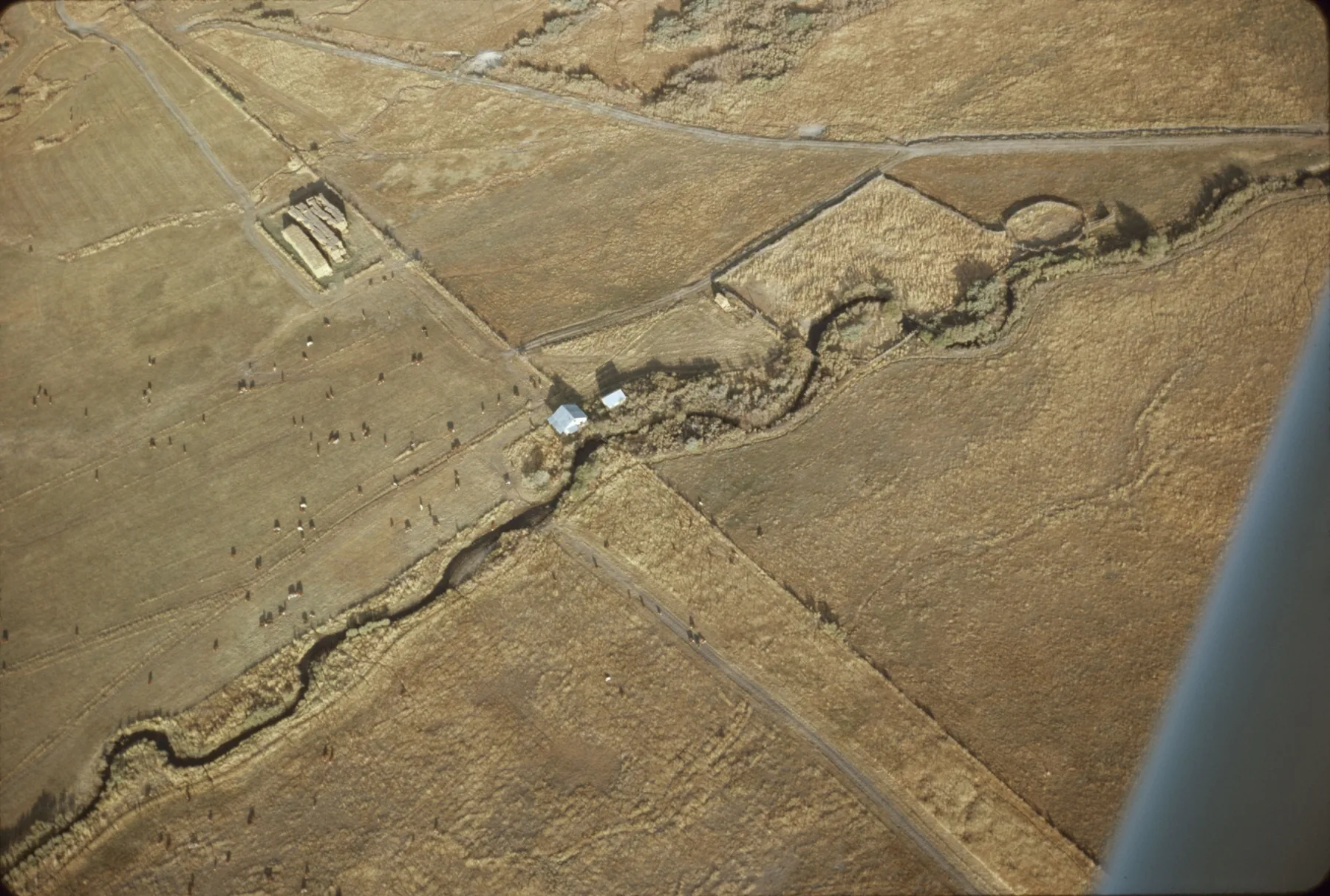 Aerial photograph of worked land: pasture, ploughed fields and a creek line meeting at a crossroads, with farm buildings at the centre